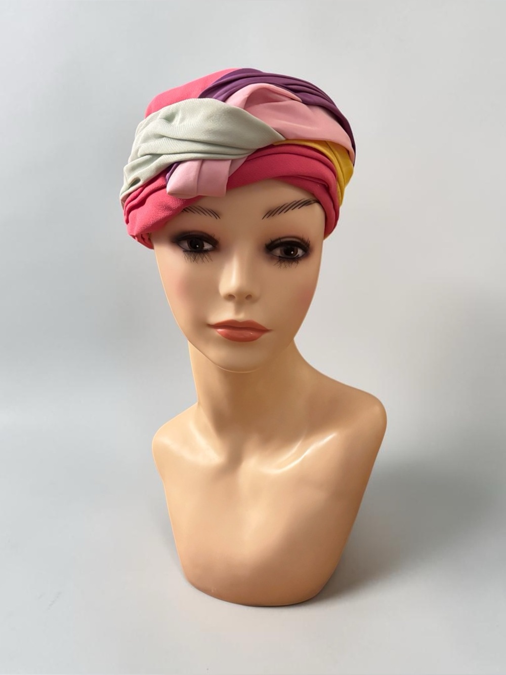 Vintage Twisted Fabric Turban, Pink Sage Green Yellow Purple Mix